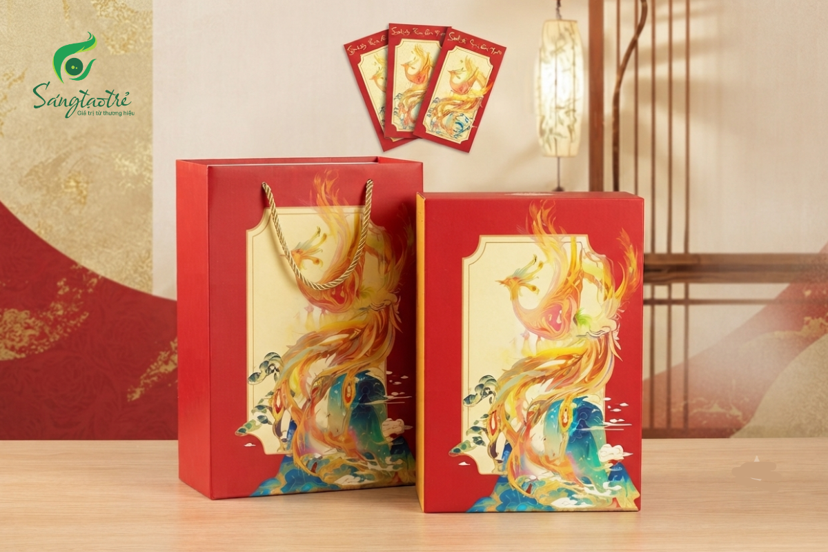 Hộp quà Tết màu đỏ họa tiết phượng hoàng